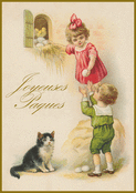 Enfants et chat autour des oeufs de P&acirc;ques